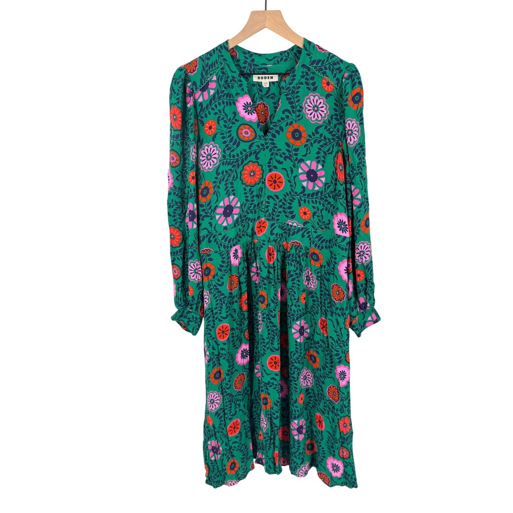 Boden Floral Midi Dress Green US 20 Boho Colorful Garden Party Cottage Mod - Picture 1 of 7